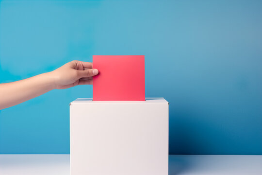 Generative AI illustration of crop anonymous person putting the vote in ballot box against blue background