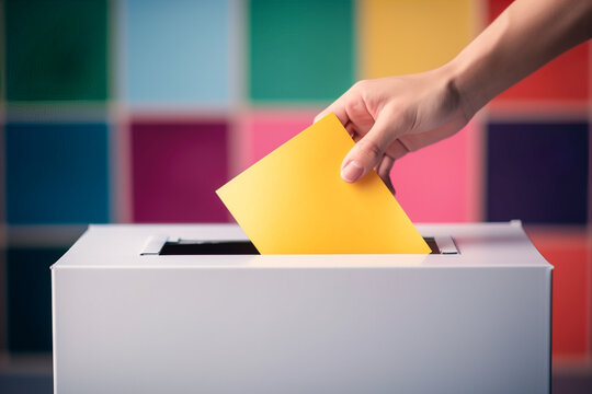 Generative AI illustration of crop anonymous person putting the vote in ballot box against colorful blurred background