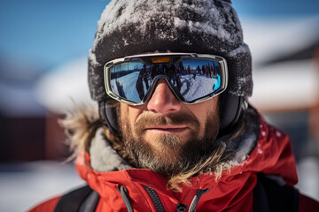 Generative AI portrait of man in warm clothes and ski goggles looking at camera while standing against snowy mountains in winter