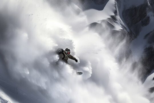 Generative AI illustration full body young man in outwear and sunglasses riding skis mountain with a snowstorm on resort