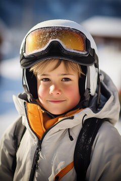 Generative AI portrait of boy in warm clothes and ski goggles looking at camera while standing against snowy mountains in winter