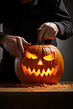 Generative AI image of anonymous male cutting pumpkin on wooden table in Halloween time