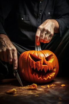 Generative AI image of anonymous male cutting pumpkin on wooden table in Halloween time