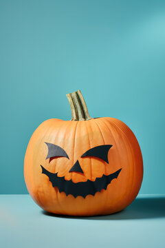 Generative AI image of decorated pumpkin as spooky face placed on blue surface in studio as Halloween concept