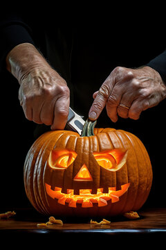Generative AI image of anonymous male cutting pumpkin on wooden table in Halloween time