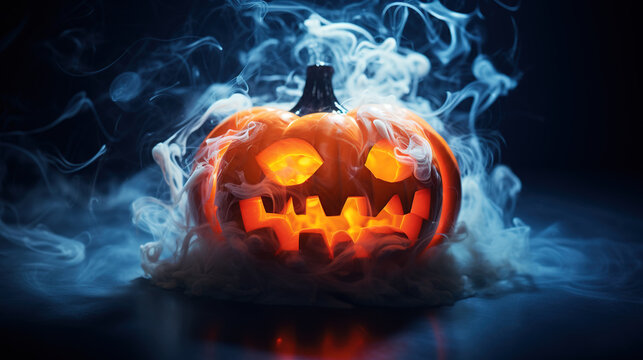 Generative AI image of glowing carved pumpkin among smoke placed in dark background as Halloween concept