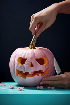 Generative AI image of anonymous male cutting pumpkin on wooden blue table in Halloween time