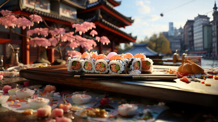 Fototapeta premium Sushi, a typical Japanese dish based on rice, filled with fish, seaweed, nori, eggs, etc