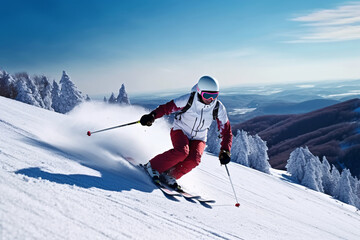 Skier skiing downhill in high mountains at sunny day. Winter sport. Winter sports activities. Skiing
