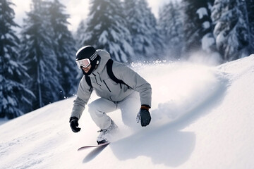Snowboarder jumping in the air against blue sky with white clouds. Winter sport. Winter sports activities.
