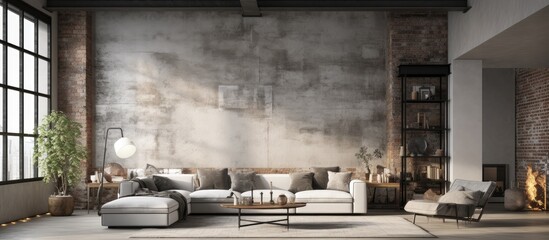 loft living room with industrial style - obrazy, fototapety, plakaty