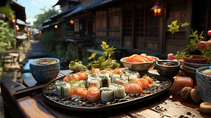 Obraz premium Sushi, a typical Japanese dish based on rice, filled with fish, seaweed, nori, eggs, etc