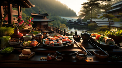 Sushi, a typical Japanese dish based on rice, filled with fish, seaweed, nori, eggs, etc - obrazy, fototapety, plakaty