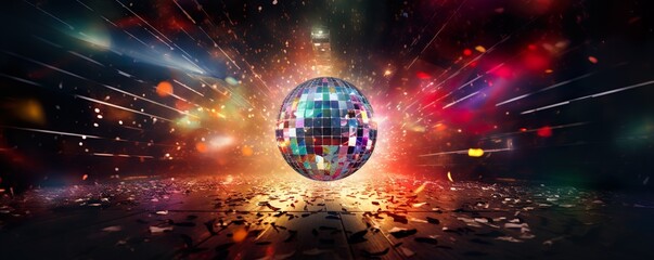 Disco ball scatters colorful light in a dark room | Generative AI
