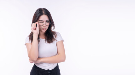 Cheerful confident woman holding hand on eyeglasses looking camera funny standing over isolated white background. Happy modern young girl student wear optic specialist glasses smart emotion cheeky.