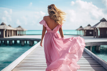 Beautiful woman in a luxurious pink dress on a pier near a house in the ocean