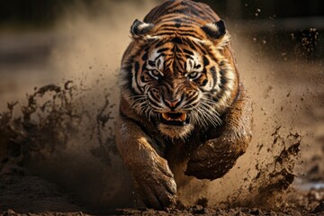 An aggressive tiger runs - obrazy, fototapety, plakaty