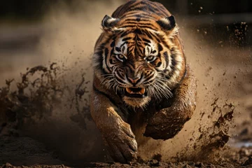 Tuinposter An aggressive tiger runs © ChaoticMind