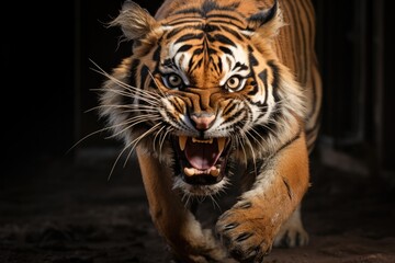 An aggressive tiger runs