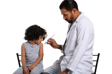 doctor holds a syringe next to a male child's arm, child vaccination 