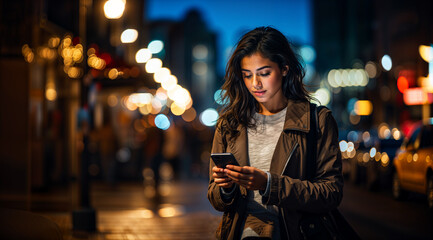 Beautiful latina young woman on her mobile phone, Looking at her smartphone in the city streets at night, bokeh background, copyspace