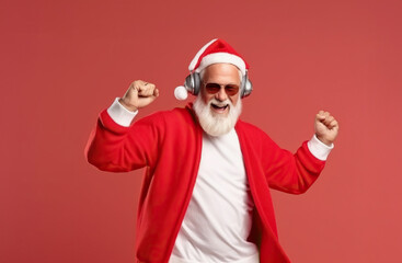 Fototapeta na wymiar A man dressed as Santa Claus wearing headphones