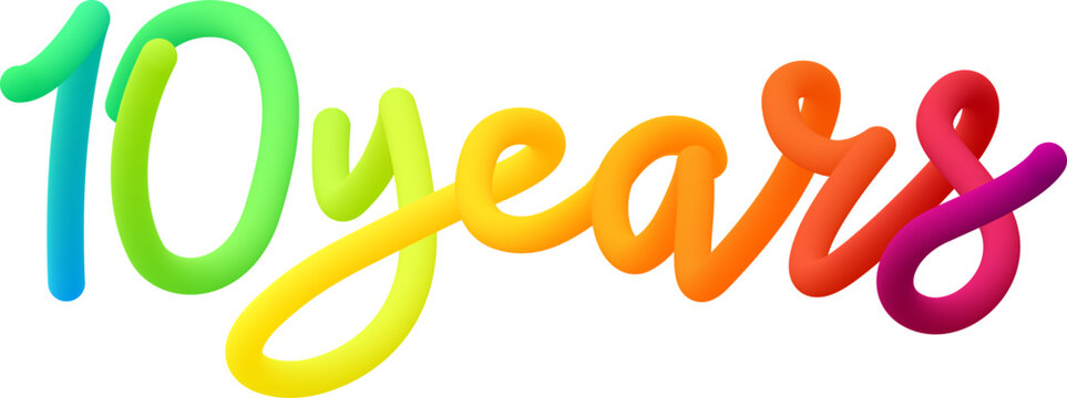 10 years fluid 3d twist text made of blended colorful circles.