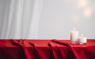 Background of a white table with red velvet fabric and lit candle with copy space. Table illustration with red fabric with minimalist details.