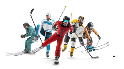 Sport in action. Skiing and hockey. Winter sports. Professional athletes. Sport collage. Isolated in white