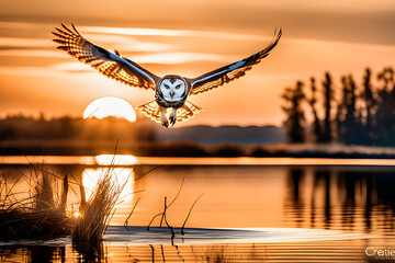 Owl flying at sunset regenerative AI by Aquiles Orfei