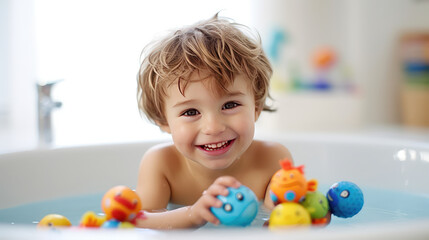 Fototapeta na wymiar Portrait of Funny cute kid happy playing with toy in bathtub, fun bathing kid, water play. 