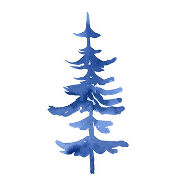 Blue christmas tree. Snow spruce. Hand drawn with watercolors. Isolated on a white background. Blue silhouette, blur. Used for winter and Christmas designs for cards, invitations, advent calendars.