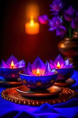 Warm glow of oil lamps with lotus blossoms