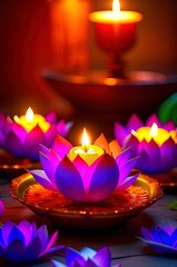 Symbolic imagery: lotus and radiant Diwali lamps