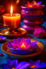 Celebrating Diwali with lotus flowers and lit lamps