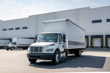 Popular compact rig semi truck with long box trailer for local deliveries standing on the warehouse parking lot with another semi trucks waiting for appropriate loading time according the schedule