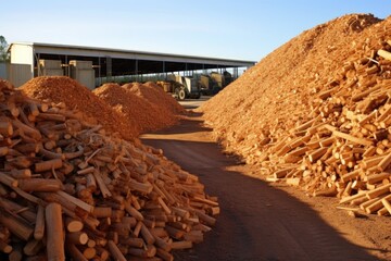 A detailed closeup shot reveals an enormous biomass feedstock storage area, filled with neatly stacked logs, wood chips, and agricultural residues. This storage facility is designed to accommodate