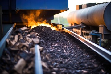 Indepth image of a conveyor belt system carrying woody biomass towards a pyrolysis reactor, ilrating the thermal decomposition process for biochar production.