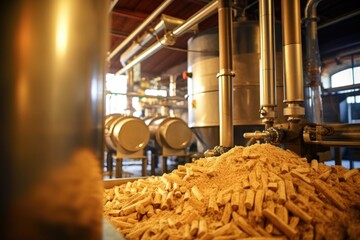 Inside one of the processing units, we witness the initial stages of biomass conversion. Through a network of pipes and tanks, the biomass is mixed with enzymes and chemicals, starting the - obrazy, fototapety, plakaty