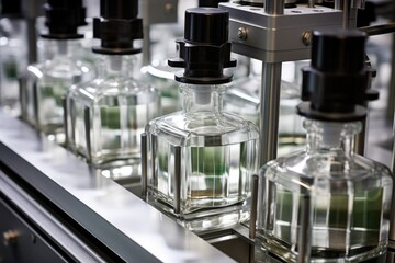 A detailed view of the filling area reveals a series of automatic dispensers carefully pouring liquid soap into the waiting bottles. The precision of the process is evident as each bottle