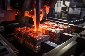 In another closeup shot, we zoom in to witness the intricate process of molding solid ry items. A machine meticulously pours molten material into molds, yielding perfectly shaped bars, sticks, - obrazy, fototapety, plakaty