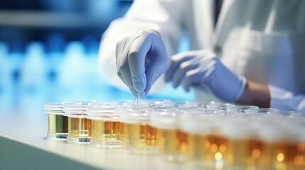 A skilled worker in a white lab coat inspecting freshly poured liquid foundation samples. The worker holds a small pipette, carefully examining the color and consistency of each sample to