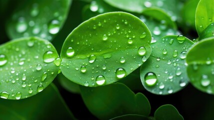 Detailed image capturing the water droplets on the surface of a cosmeceutical plants leaves, ilrating its ability to retain moisture.