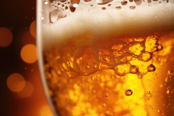 A closeup of an overflowing glass of golden beer being filled straight from the tap. The frothy head sits perfectly on top, and tiny bubbles rise elegantly through the clear liquid, showcasing