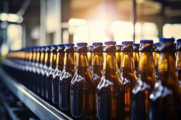An upclose image of a bottling line, showcasing bottles being washed, sanitized, filled with beer, capped, and labeled with professional precision.