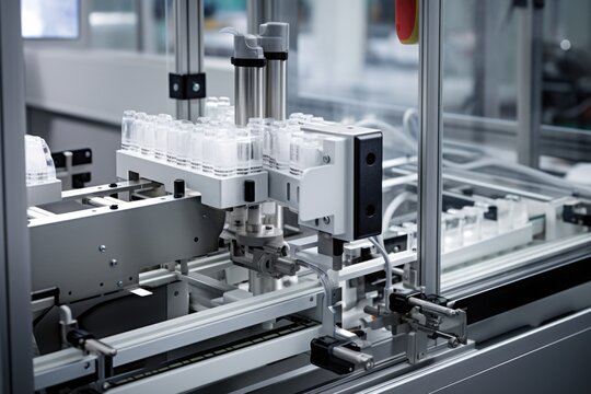 Detailed scene of a complex automated system for producing haircare packaging, capturing the precise ting, folding, and gluing processes involved in creating sleek and visually appealing