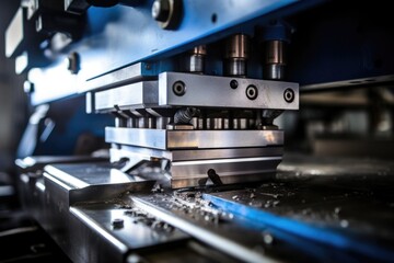 capturing the intricate process of metal bending, showcasing a hydraulic press brake bending a thick metal sheet into a precise angle or curvature as per the required fabrication design. - obrazy, fototapety, plakaty