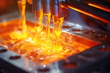 Macro shot of the heated plastic material being injected into the mold, with visible streams of molten plastic flowing in.