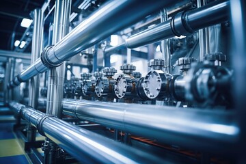 Closeup of an intricate network of pipes and pumps, transporting various chemicals and liquids through different stages of the paper manufacturing process to maintain precise conditions.