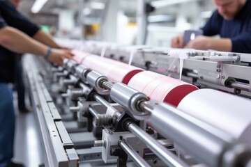 of workers inspecting and meticulously adjusting the tension and alignment of the paper web as it passes through various guide rollers, ensuring uniformity and smoothness. - obrazy, fototapety, plakaty
